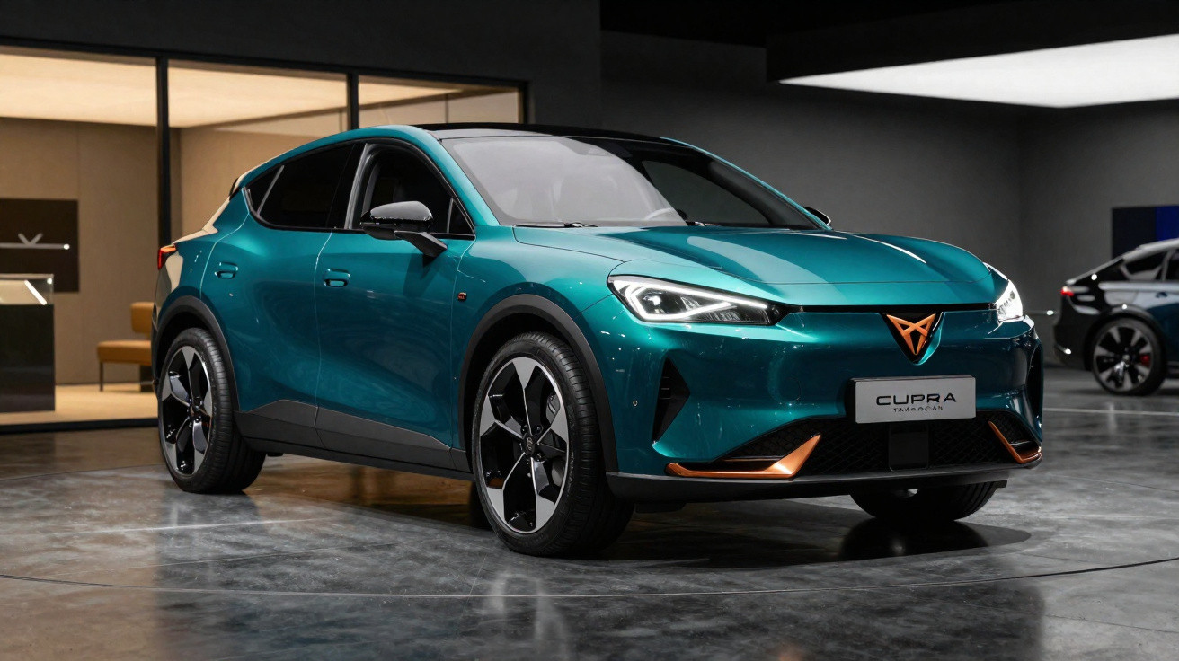 Carro elétrico Cupra Tavascan verde azul com design moderno em salão de exposição.