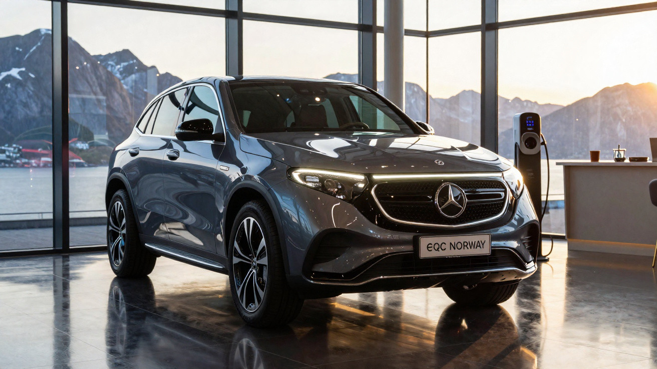 Mercedes-Benz EQC elétrico cinzento num showroom com janelas grandes e paisagem montanhosa ao fundo.