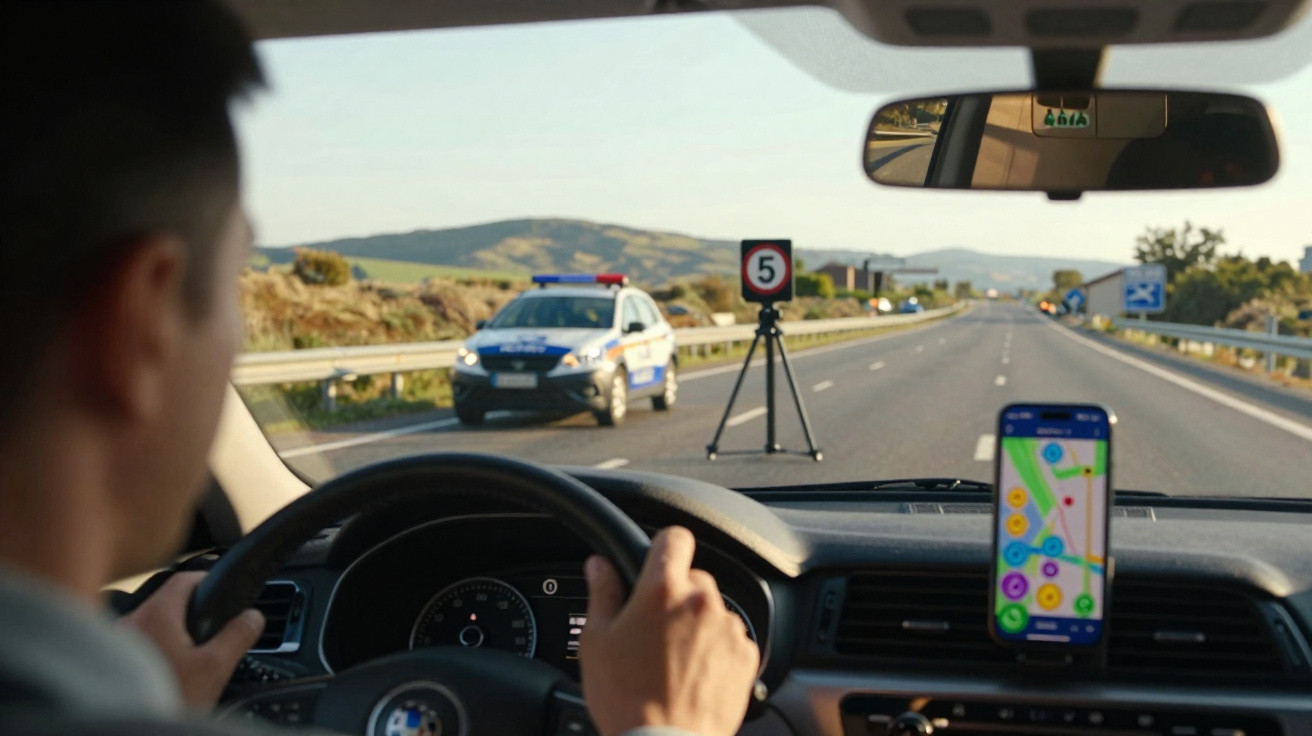 Motorista a conduzir num autoestrada com um carro de polícia parado e sinal de limitação de velocidade à frente.