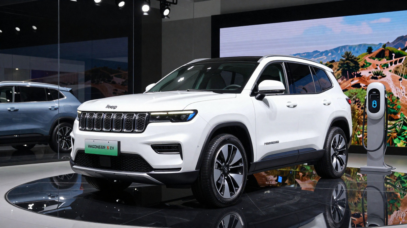 Carro elétrico Jeep branco em exibição, posto de carregamento ao lado, ambiente moderno e iluminado.