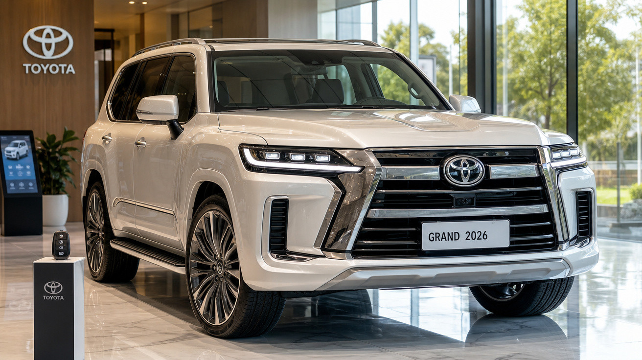 SUV Toyota Grand 2026 branco em exposição numa sala de showroom com piso brilhante e janelas grandes.