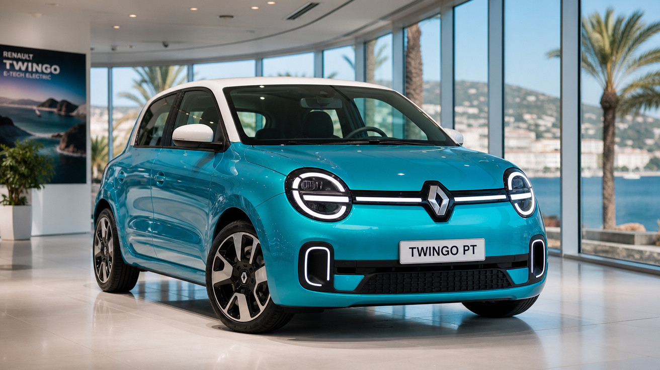 Renault Twingo elétrico azul expositor com janelas grandes e vista para o mar.