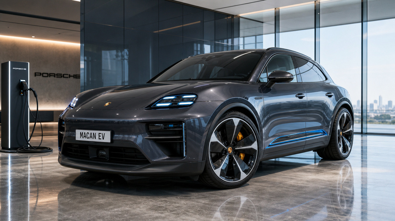 Carro elétrico Porsche Macan EV cinza estacionado em showroom moderno com carregador elétrico ao lado.