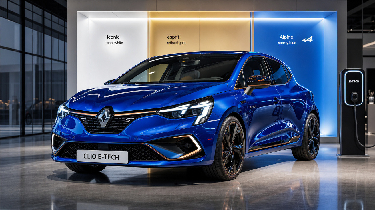 Automóvel Renault Clio E-Tech azul Alpine exposto em showroom moderno e luminoso.
