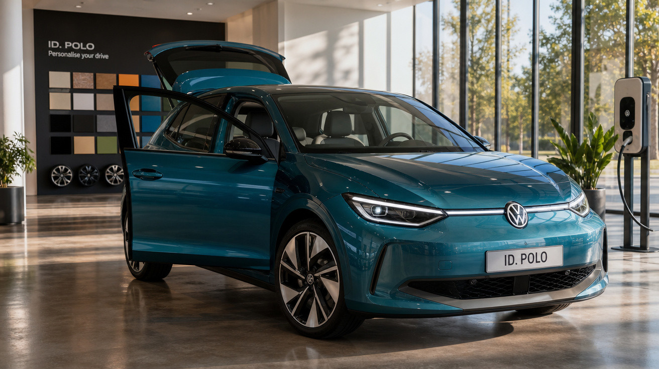 Carro elétrico Volkswagen ID. POLO azul, portas dianteira e mala traseira abertas em exposição interior.