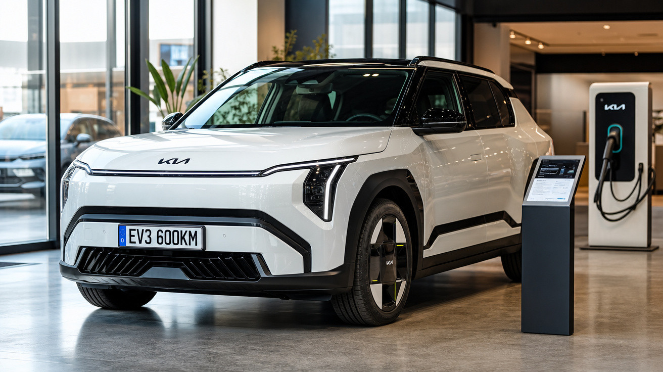 Carro elétrico branco Kia EV3 estacionado numa sala de exposição com posto de carregamento ao fundo.