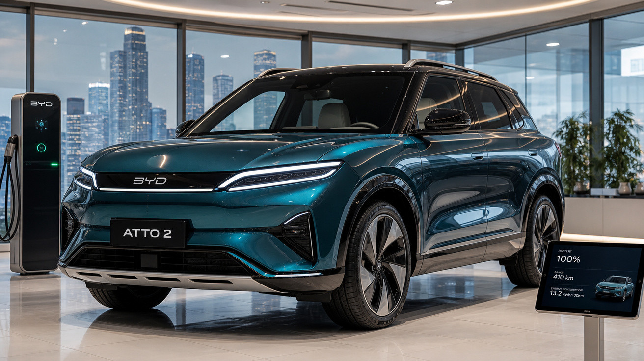 Carro elétrico BYD Atto 2 azul escuro, estacionado num interior moderno com carregador e painel informativo.