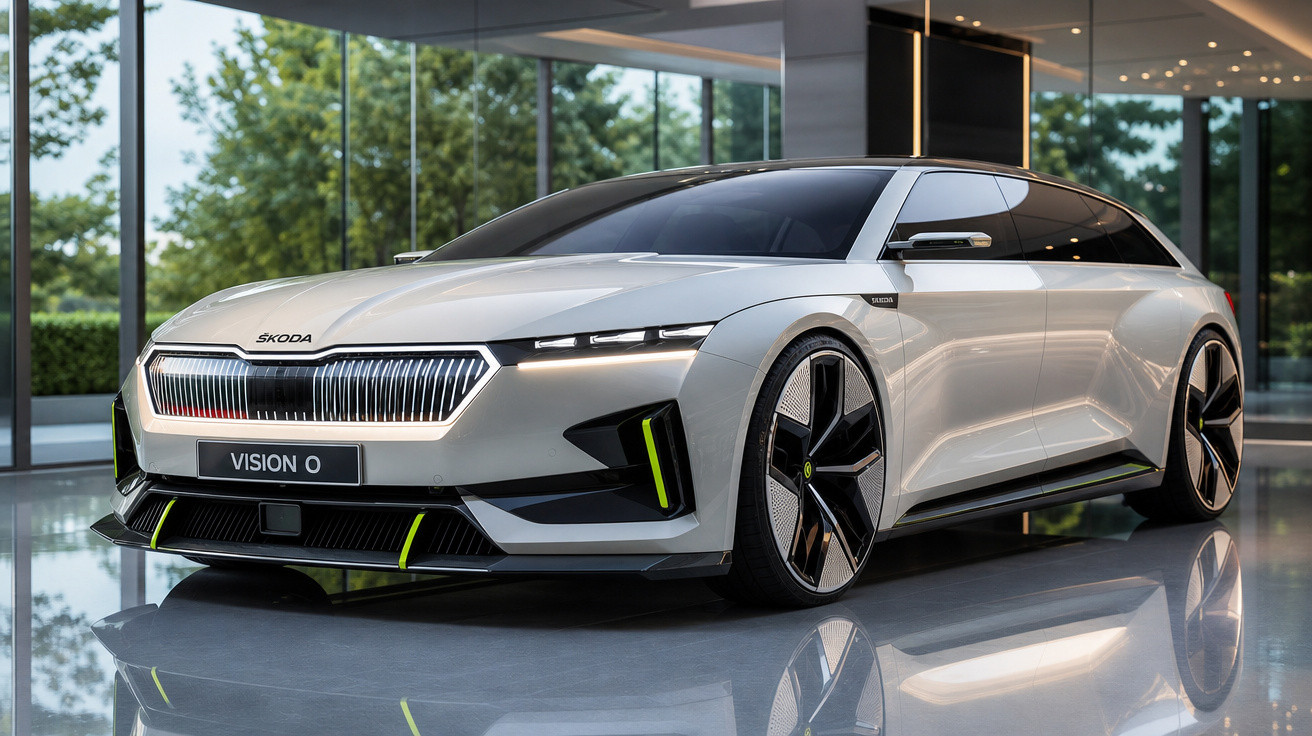 Carro elétrico concept Skoda Vision O branco em exposição com design futurista e luzes LED.