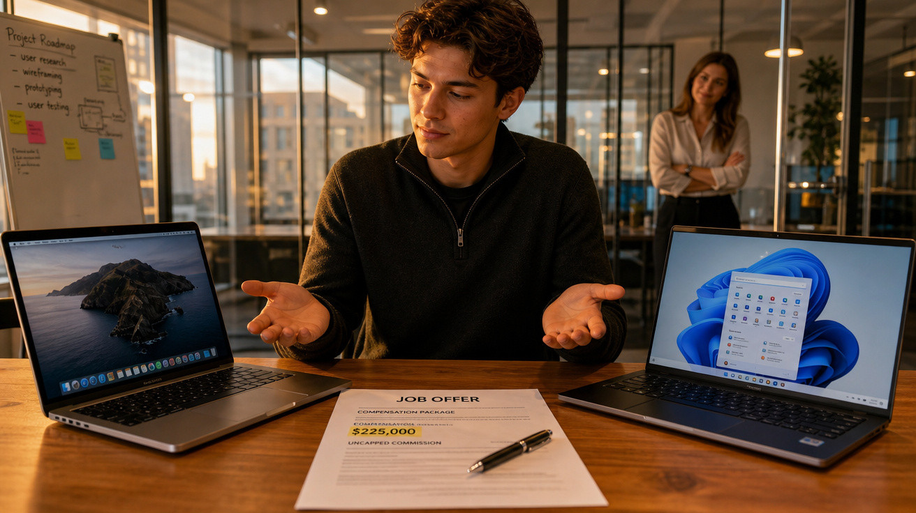 Homem sentado a decidir entre dois computadores portáteis com uma oferta de emprego na mesa.