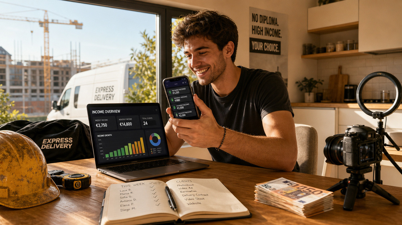 Homem sorridente mostra ganhos no telemóvel e computador com gráficos de rendimento numa mesa com equipamentos e notas.
