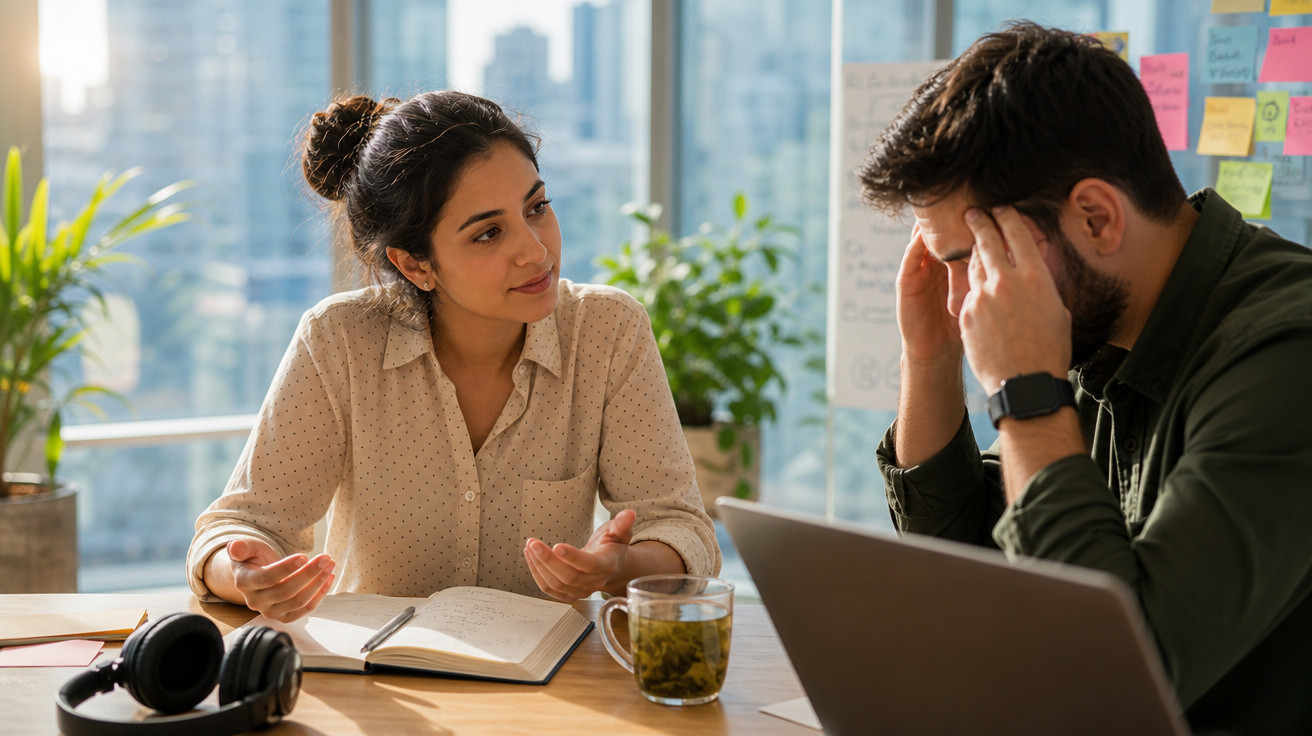 Mulher a tentar ajudar colega stressado num escritório com caderno, chá e computador portátil à frente.