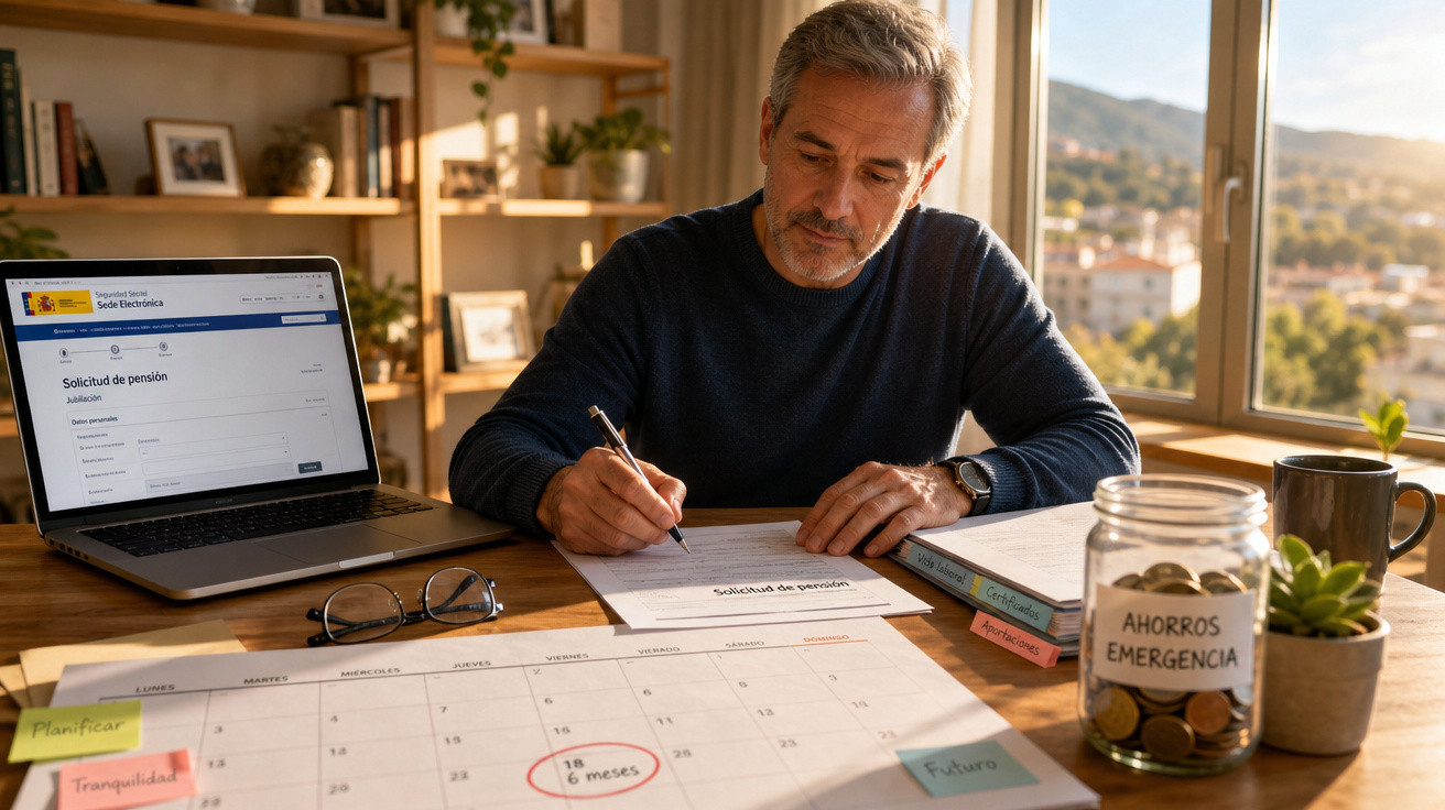 Homem sénior a preencher pedido de pensão junto a computador, calendário e mealheiro com moedas, em casa iluminada.