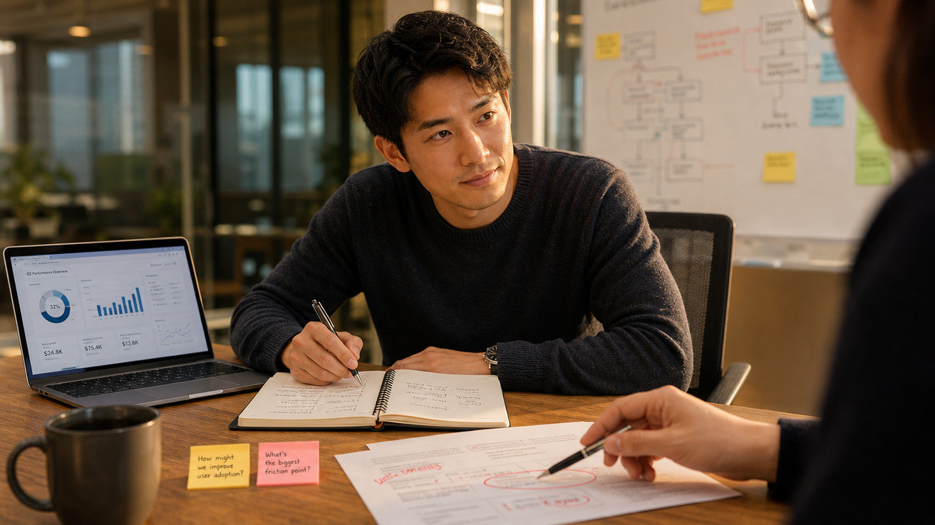 Duas pessoas em reunião de trabalho com gráficos no computador, notas e documentos à mesa.