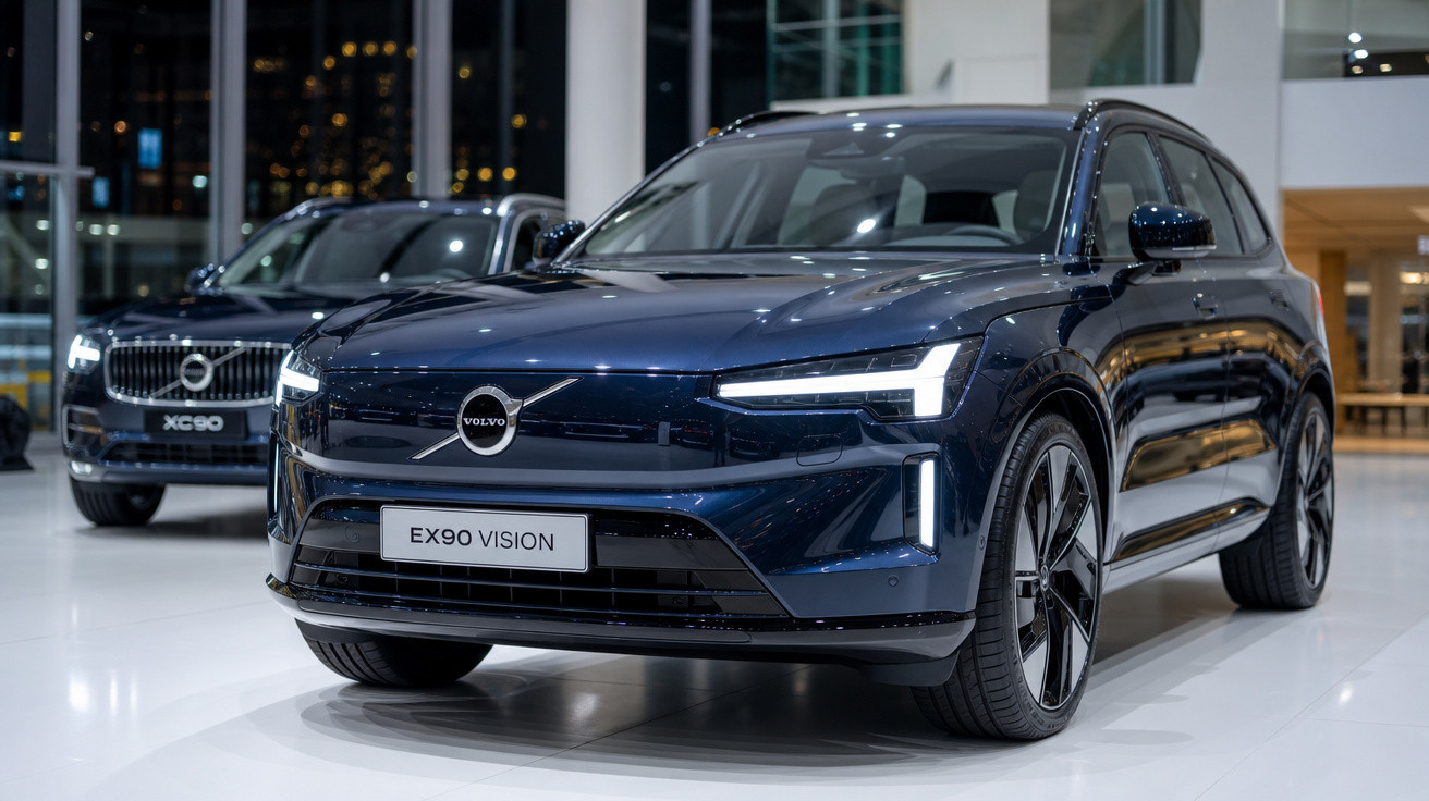 Automóvel Volvo EX90 Vision azul escuro em exposição numa sala moderna com outro carro ao fundo.