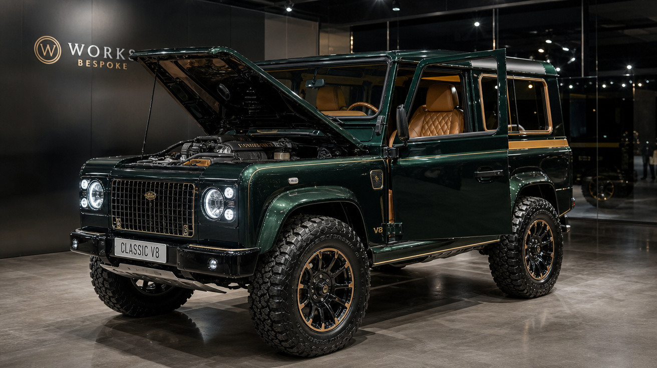 Carro todo-o-terreno verde escuro com capô e porta dianteira esquerda abertos em exposição interior.