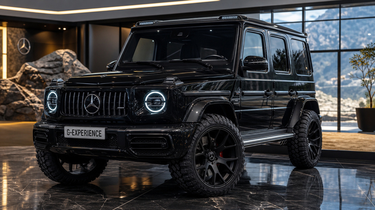 Mercedes-Benz G-Class preto, modelo G-Experience, com faróis dianteiros LED circulares, exposto em showroom luxuoso.