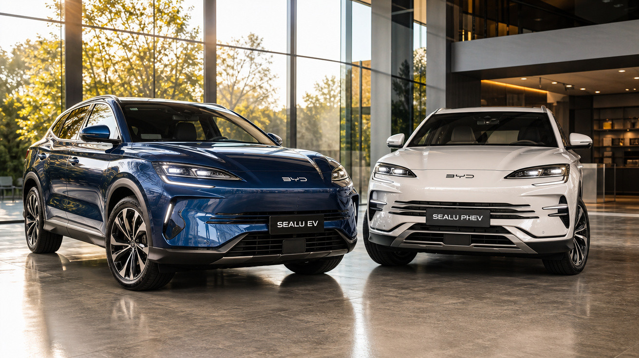Dois carros BYD Sealu, um azul elétrico EV e outro branco híbrido PHEV, exibidos num showroom moderno.