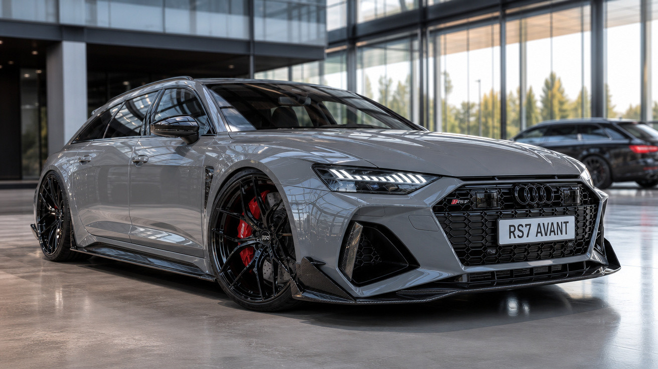 Audi RS7 Avant cinzento estacionado em interior moderno com jantes pretas e pinças de travão vermelhas.