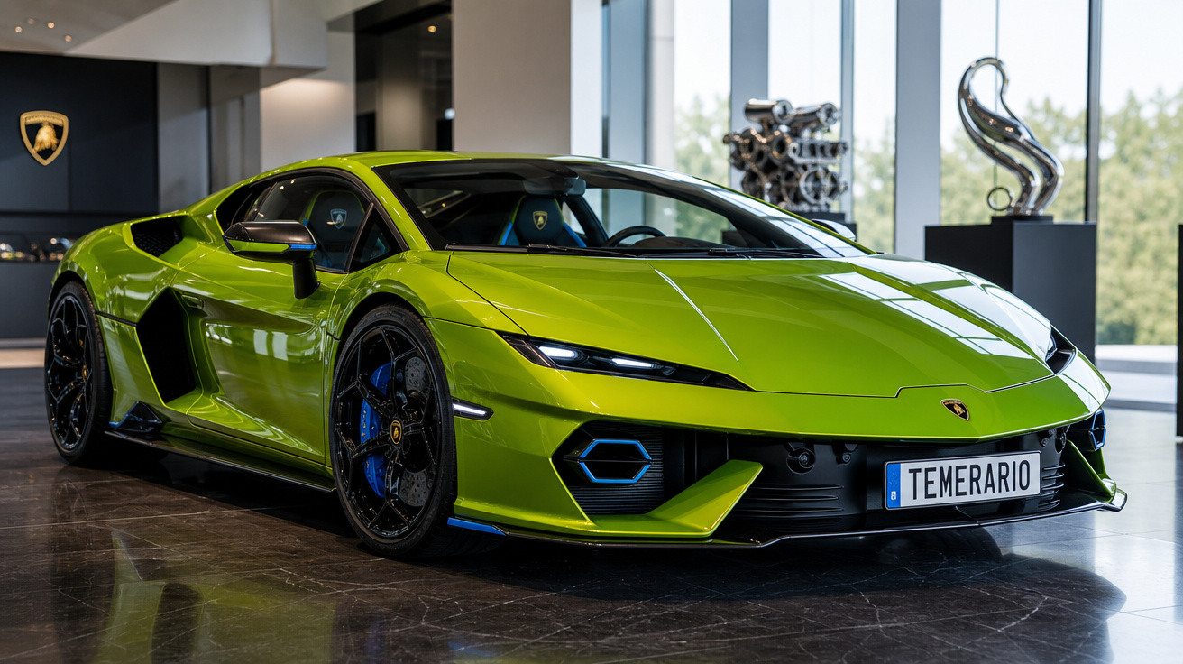 Carro desportivo Lamborghini verde brilhante estacionado em showroom moderno com interiores elegantes.