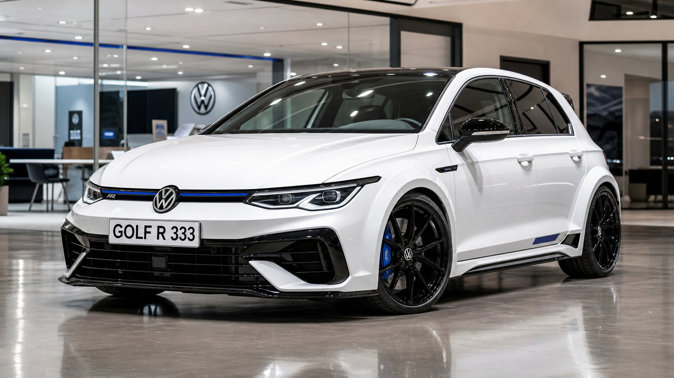 Automóvel Volkswagen Golf R branco estacionado em showroom moderno com jantes pretas desportivas e detalhes em azul.