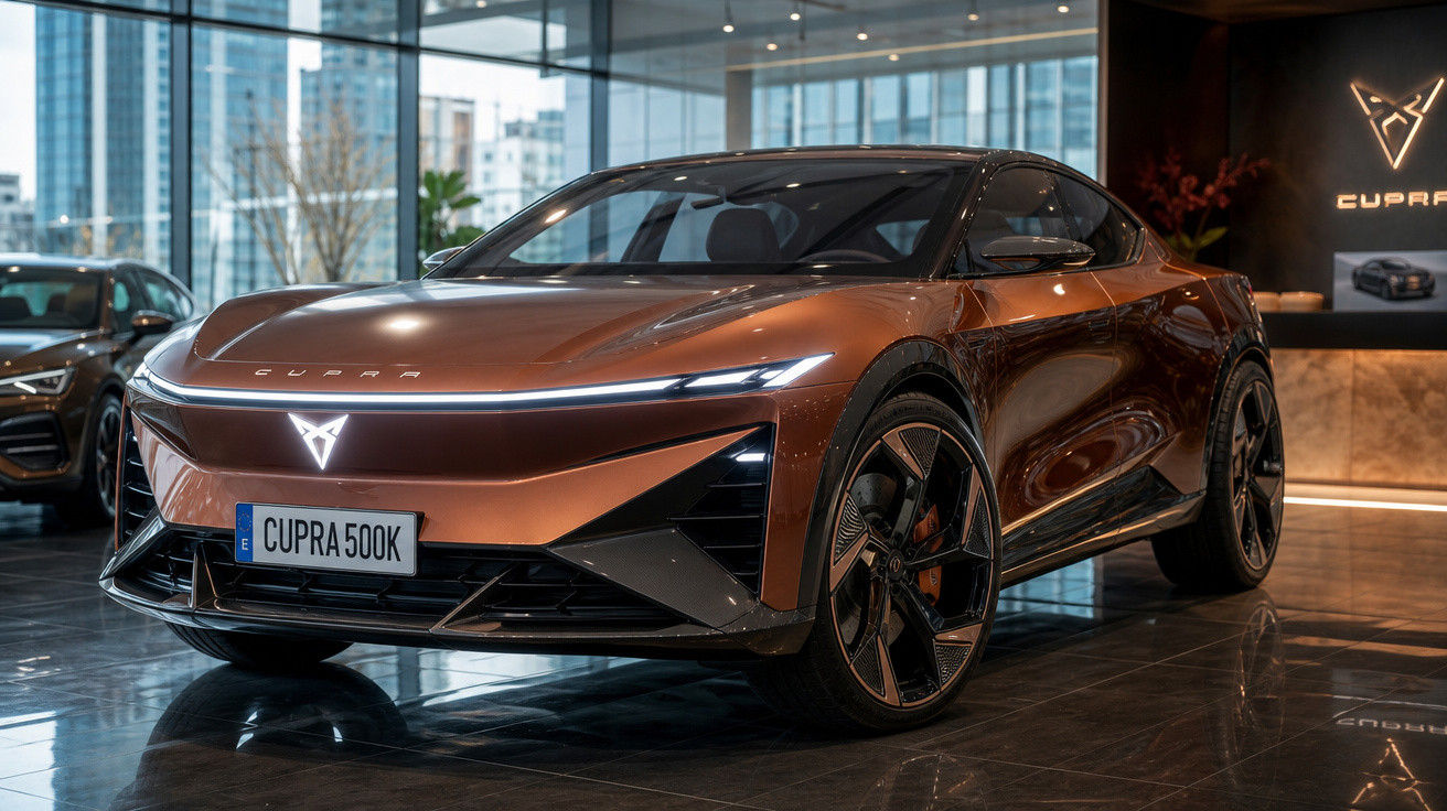 Carro elétrico Cupra 500K castanho metálico exposto numa loja moderna com janelas grandes e luz natural.