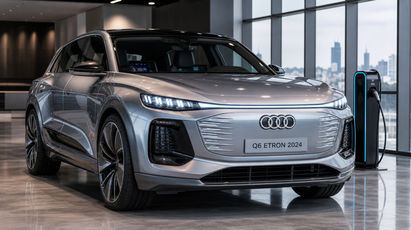 Carro elétrico Audi Q6 e-tron 2024 cinzento carregando numa estação de carregamento interior moderna.