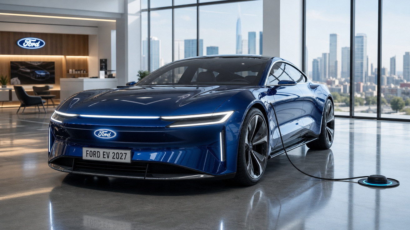 Carro elétrico azul Ford EV 2027 a carregar numa sala com janelas grandes e vista para cidade.