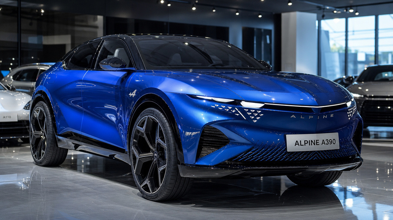 Carro desportivo elétrico azul Alpine A390 exposto em salão automóvel moderno.
