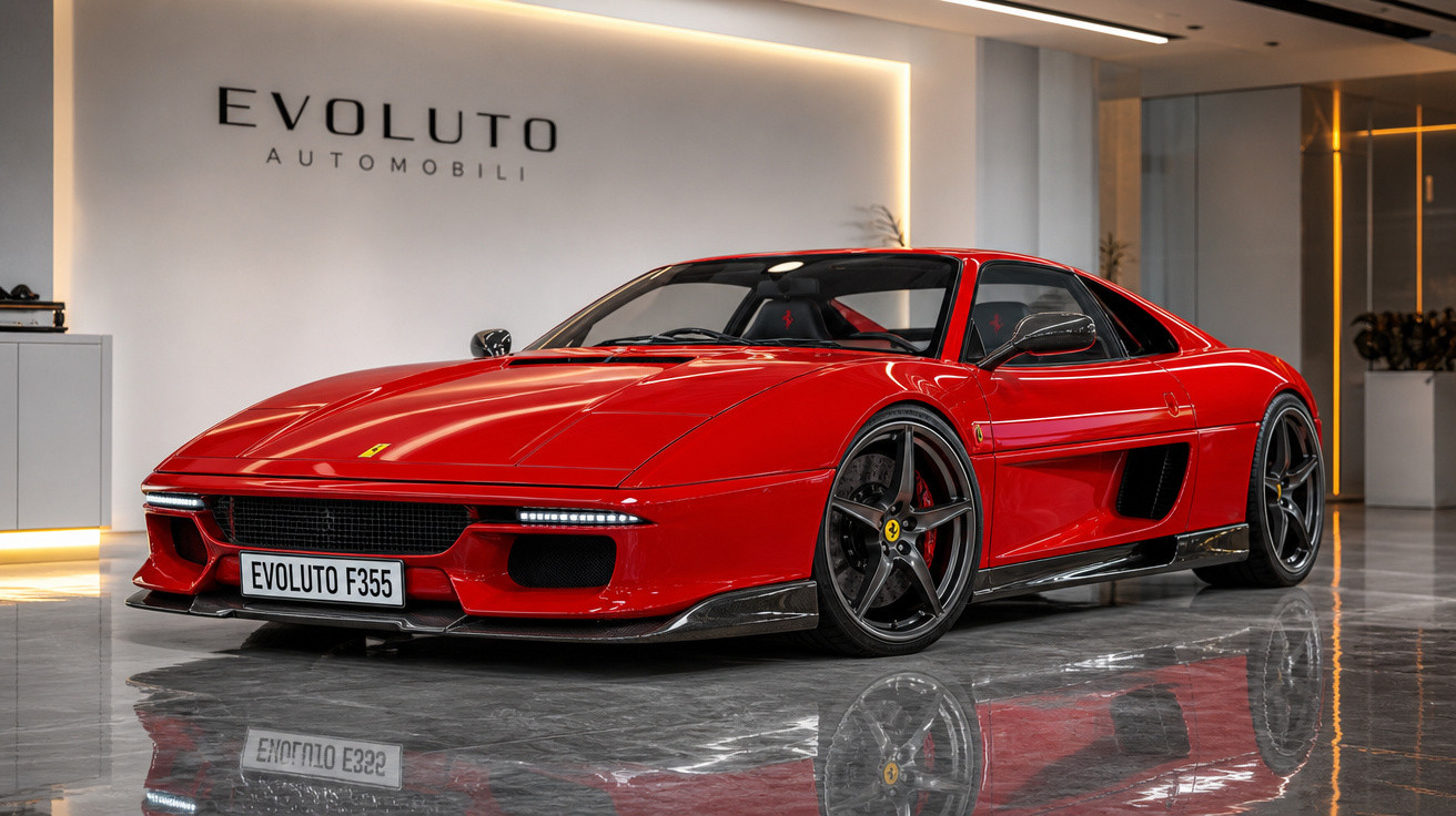 Carro desportivo vermelho Ferrari F355 estacionado em showroom com chão brilhante e parede branca.