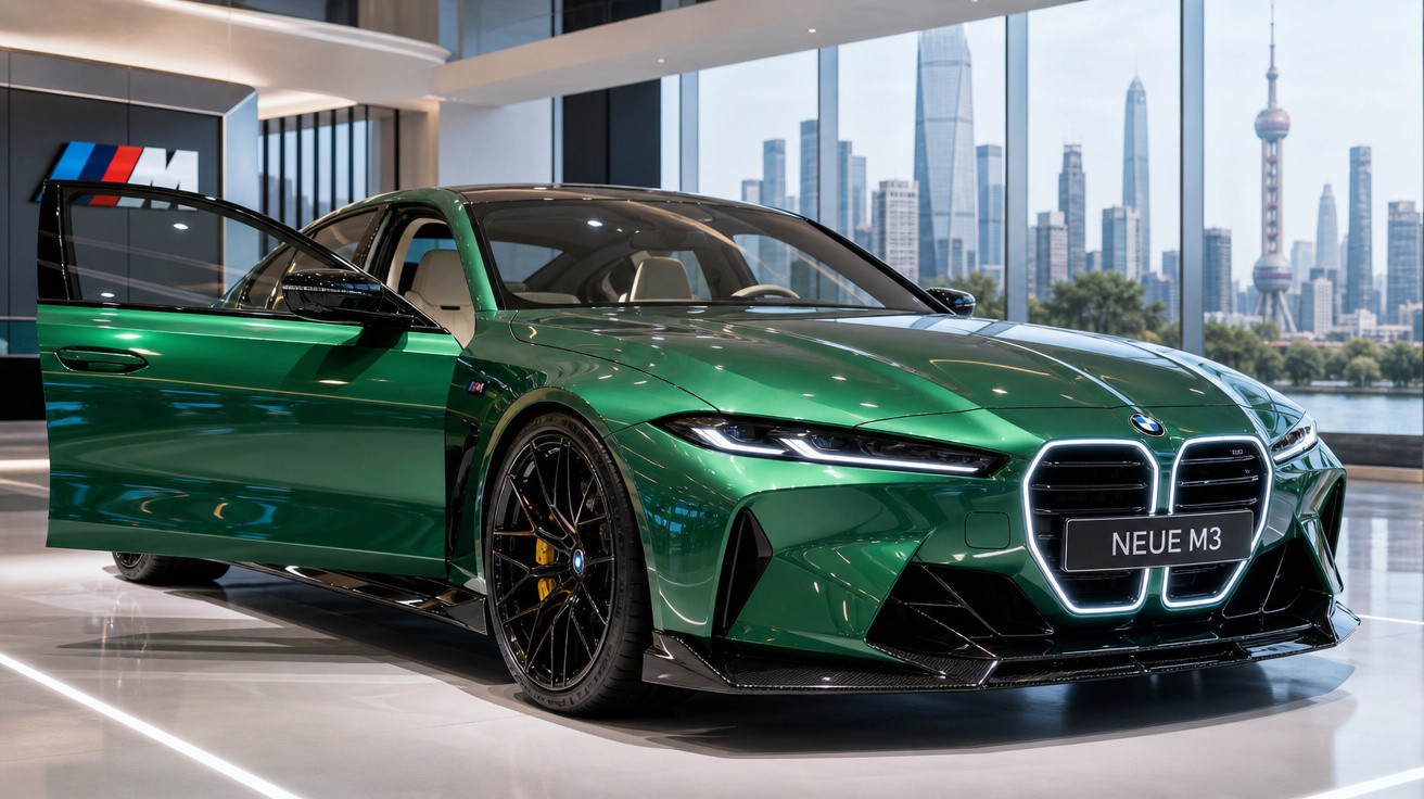 BMW Neue M3 verde com porta aberta em showroom moderno com vista para skyline urbano.