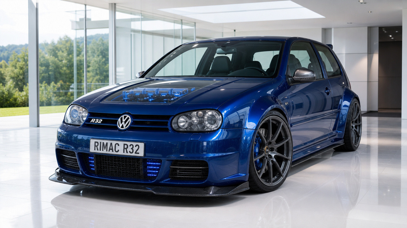 Carro desportivo azul Volkswagen R32 modificado com jantes pretas e detalhes iluminados, em espaço moderno e luminoso.