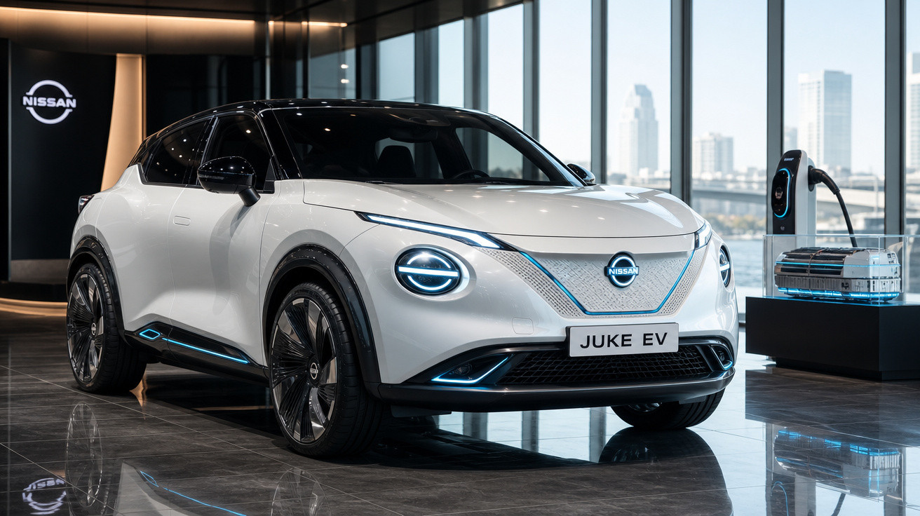 Carro elétrico Nissan Juke EV branco em showroom moderno com fundo de janelas e carregador elétrico.