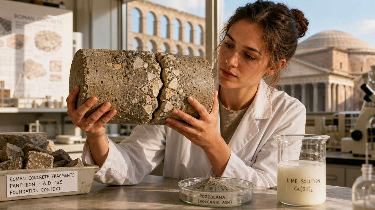 Mulher cientista analisa fragmento de betão romano partido num laboratório com réplicas de monumentos antigos.