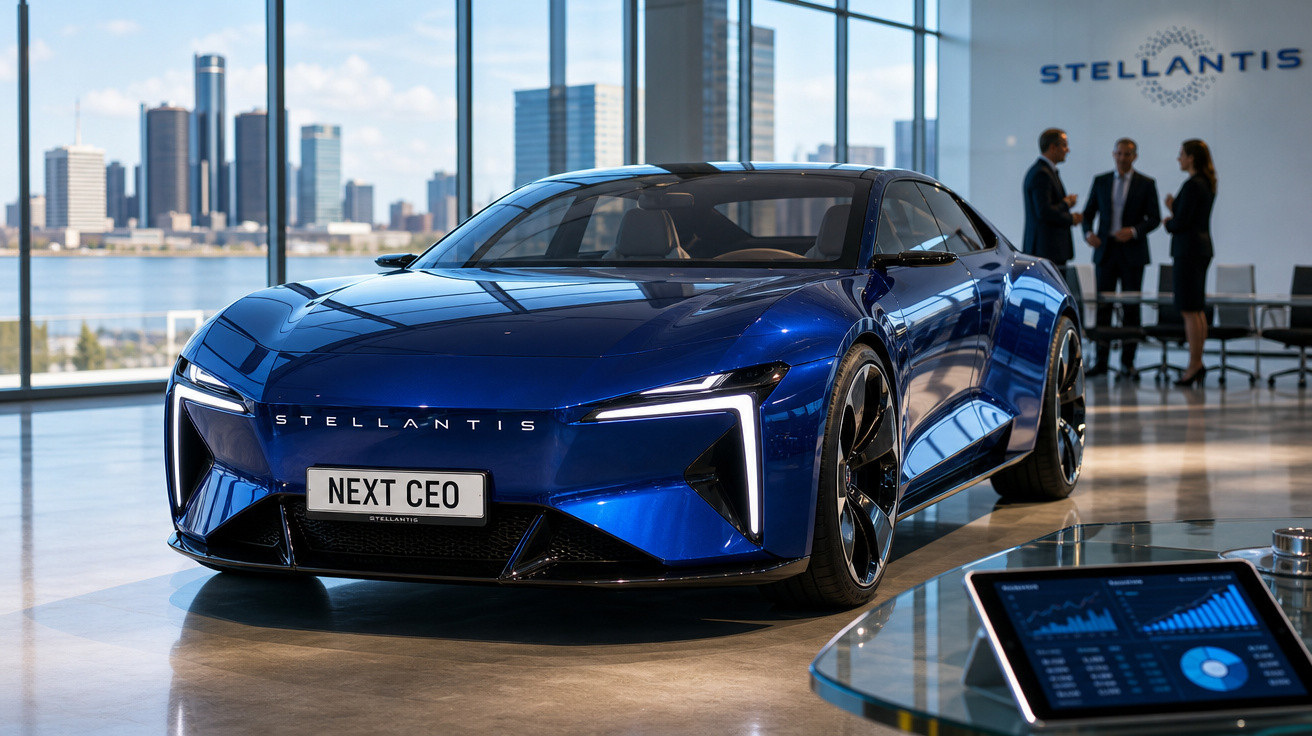 Carro elétrico azul da Stellantis em exposição numa sala moderna com vista para a cidade e pessoas ao fundo.