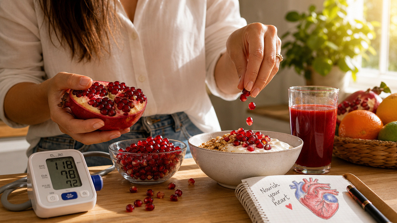 Pessoa a polvilhar bagos de romã num prato de iogurte com granola, ao lado de um aparelho de medição de pressão arterial.