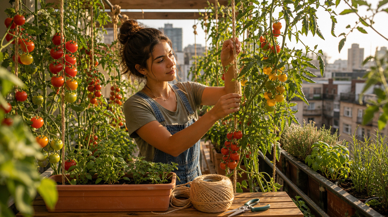 Mulher a cuidar de tomates vermelhos e amarelos num jardim urbano num terraço ao pôr do sol.