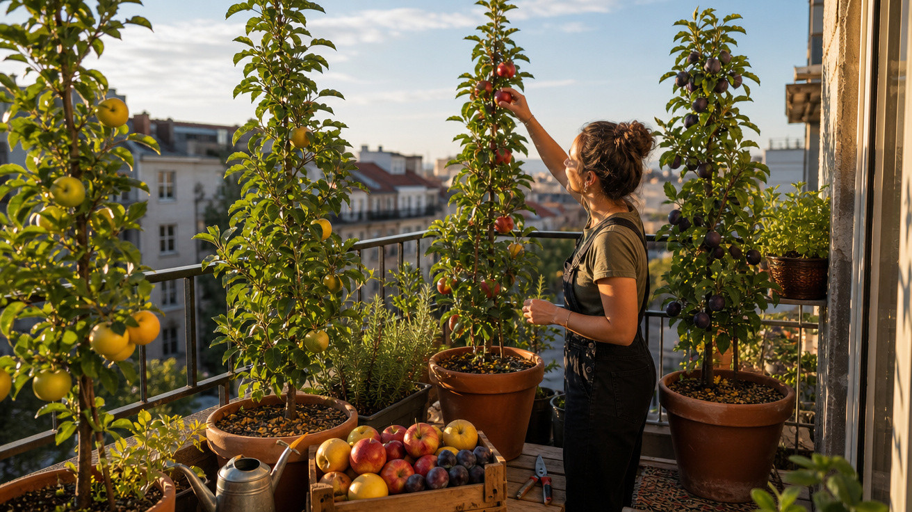 Mulher a colher maçãs em vasos num terraço urbano com várias árvores frutíferas ao amanhecer.