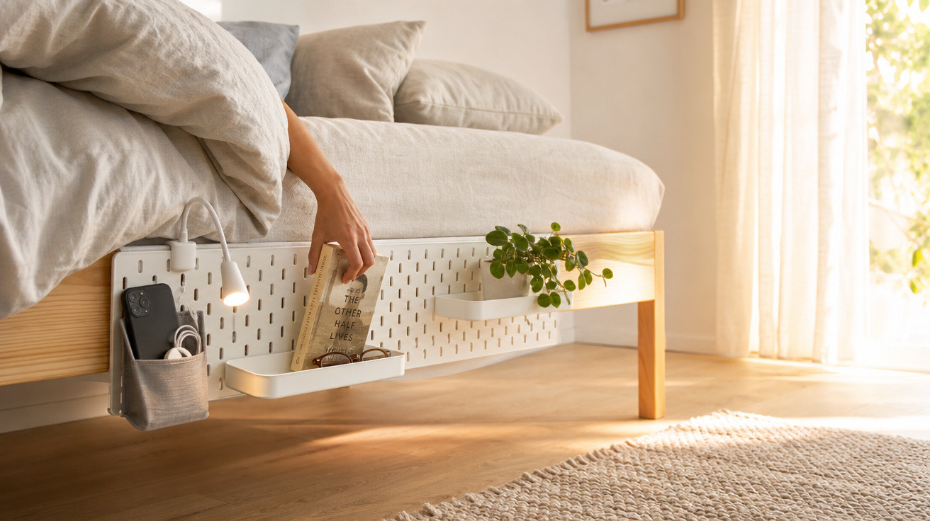 Pessoa a apanhar livro numa estante suspensa na lateral de cama numa divisão iluminada com planta e tapete.