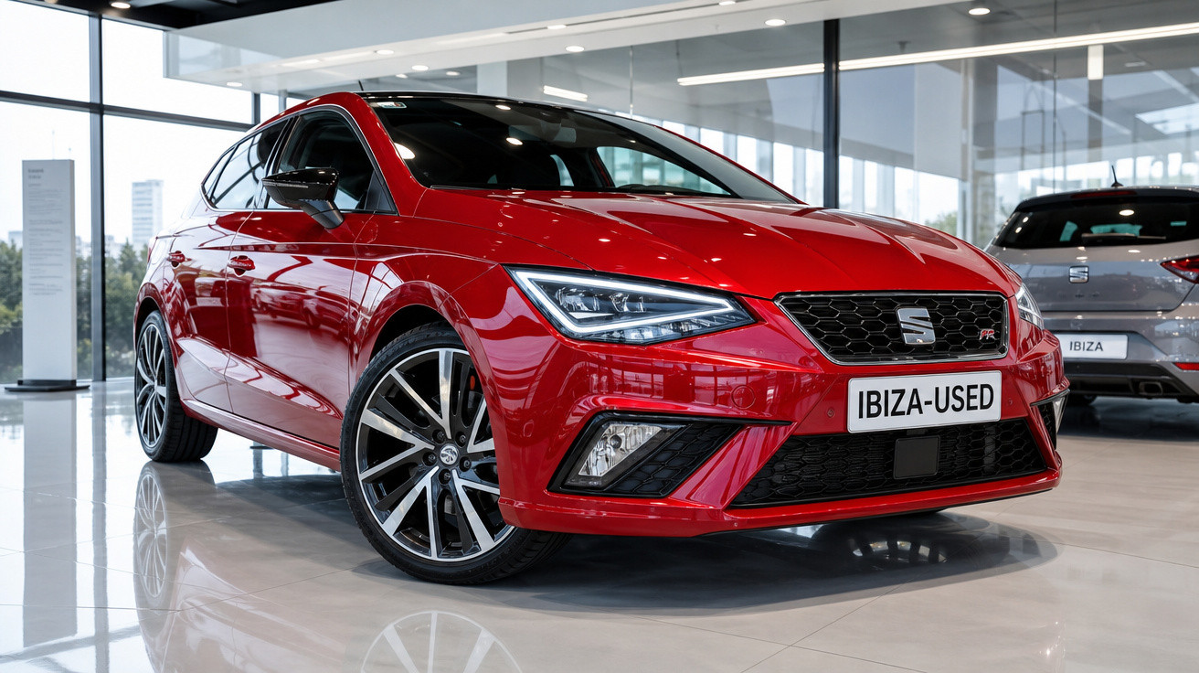 Carro vermelho Seat Ibiza Sport, novo, exposto numa sala de vendas moderna com piso brilhante.