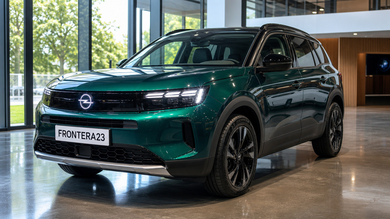 SUV Opel Frontera 2023 verde metalizado estacionado em ambiente interior moderno e luminoso.