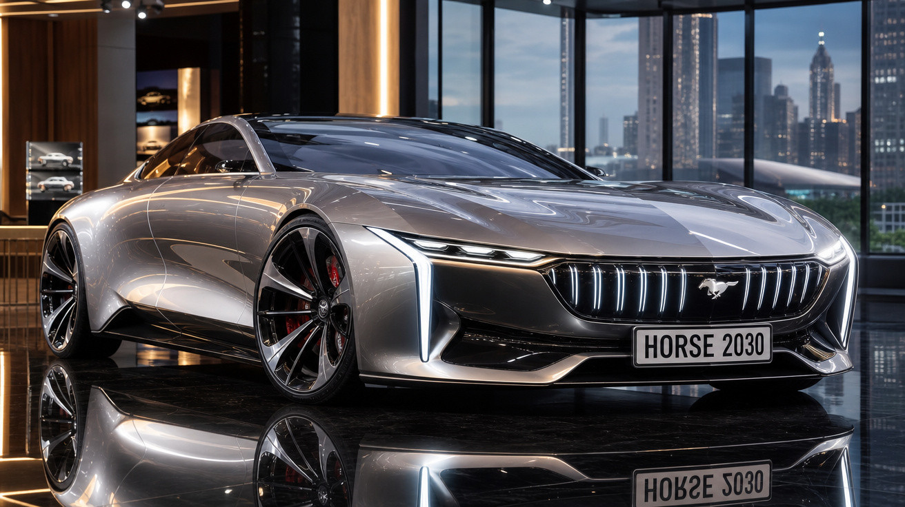 Carro desportivo cinzento prateado Mustang Horse 2030 com design futurista numa sala moderna com vista para a cidade.
