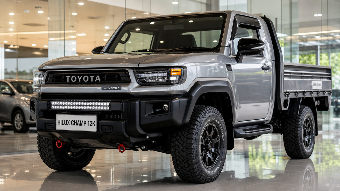 Pick-up Toyota Hilux Champ 12K cinzenta, em exposição num showroom moderno e espaçoso.
