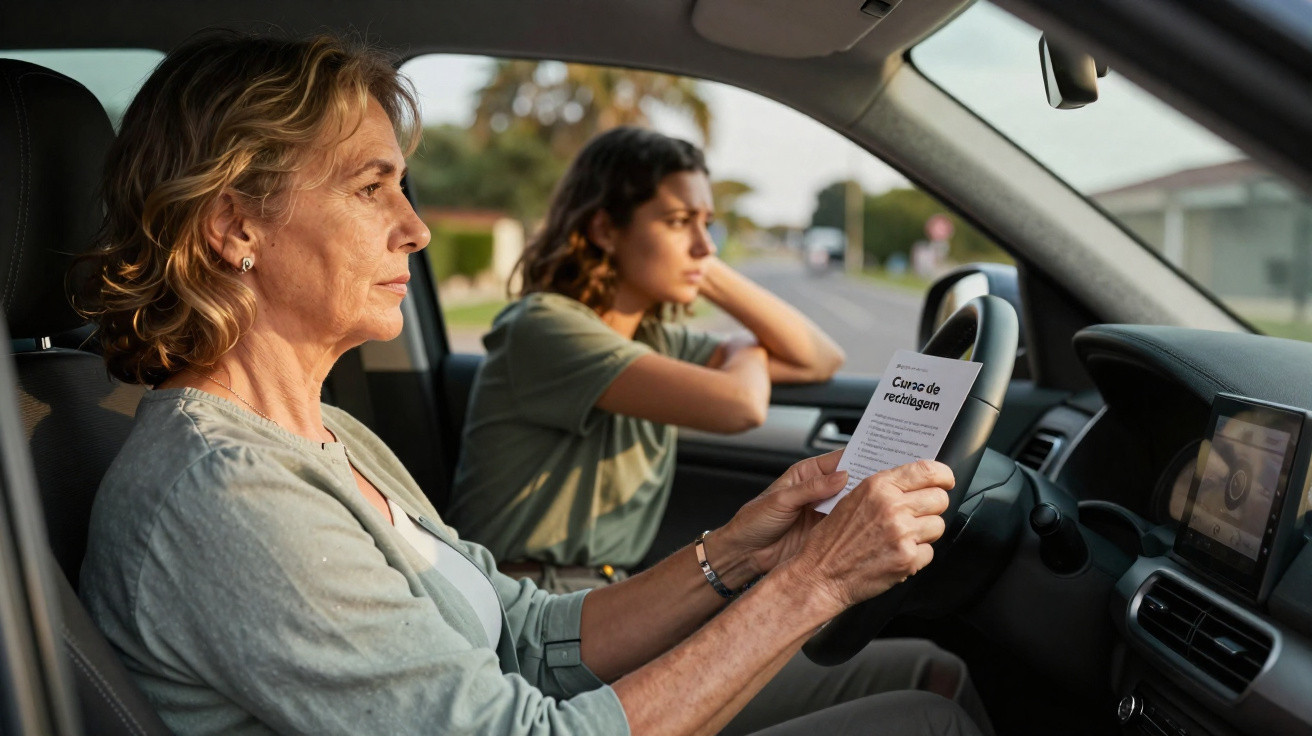 Duas mulheres dentro de carro, uma lê folheto de curso de reciclagem, outra parece preocupada.