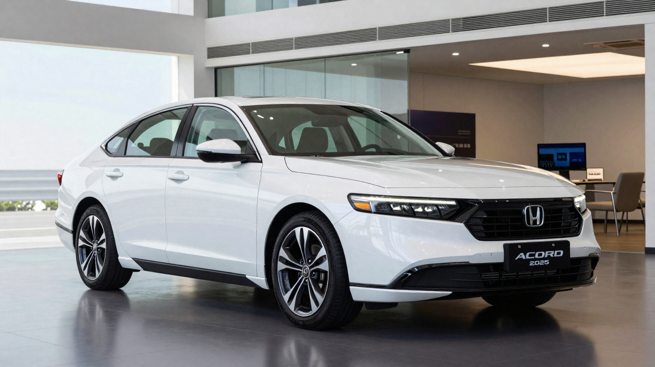 Carro branco Honda Accord 2025 exibido num salão moderno e iluminado.