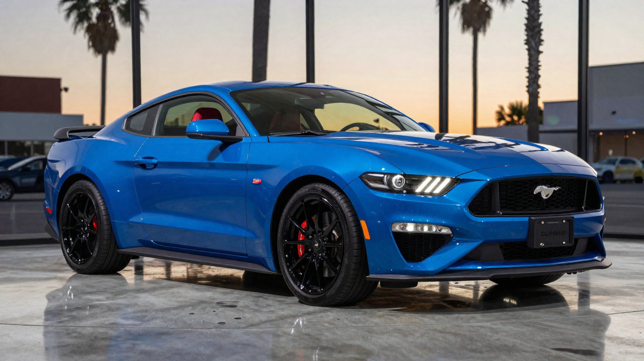 Carro desportivo azul Ford Mustang estacionado em piso refletor com palmeiras ao fundo ao entardecer.