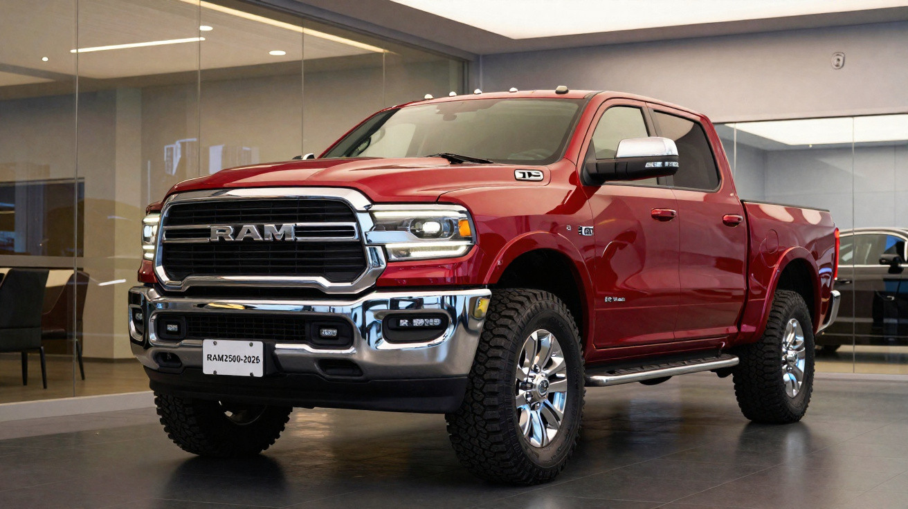 Pick-up RAM vermelho estacionada em show room com grande grade frontal cromada.