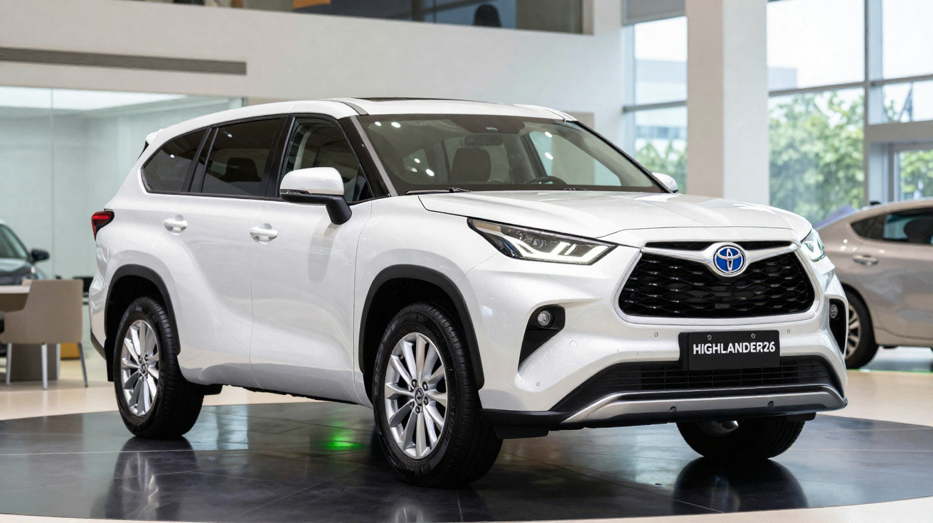 Toyota Highlander branco exposto em salão automóvel moderno com iluminação natural.