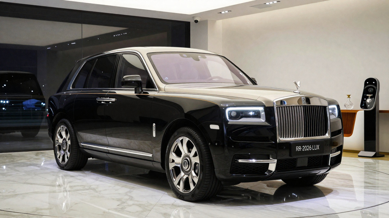Carro de luxo preto Rolls-Royce Cullinan estacionado em pavimento de mármore num showroom moderno.