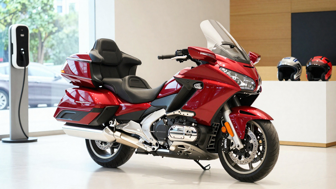 Motociclo Touring vermelho com banco confortável e carga traseira, exibido num espaço interior com capacetes ao fundo.