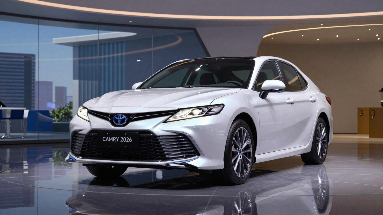 Carro Toyota Camry 2026 branco exibido num showroom moderno com chão reflexivo.